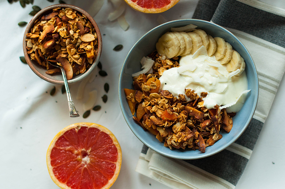 Homemade granola with coconut, apricots and mango